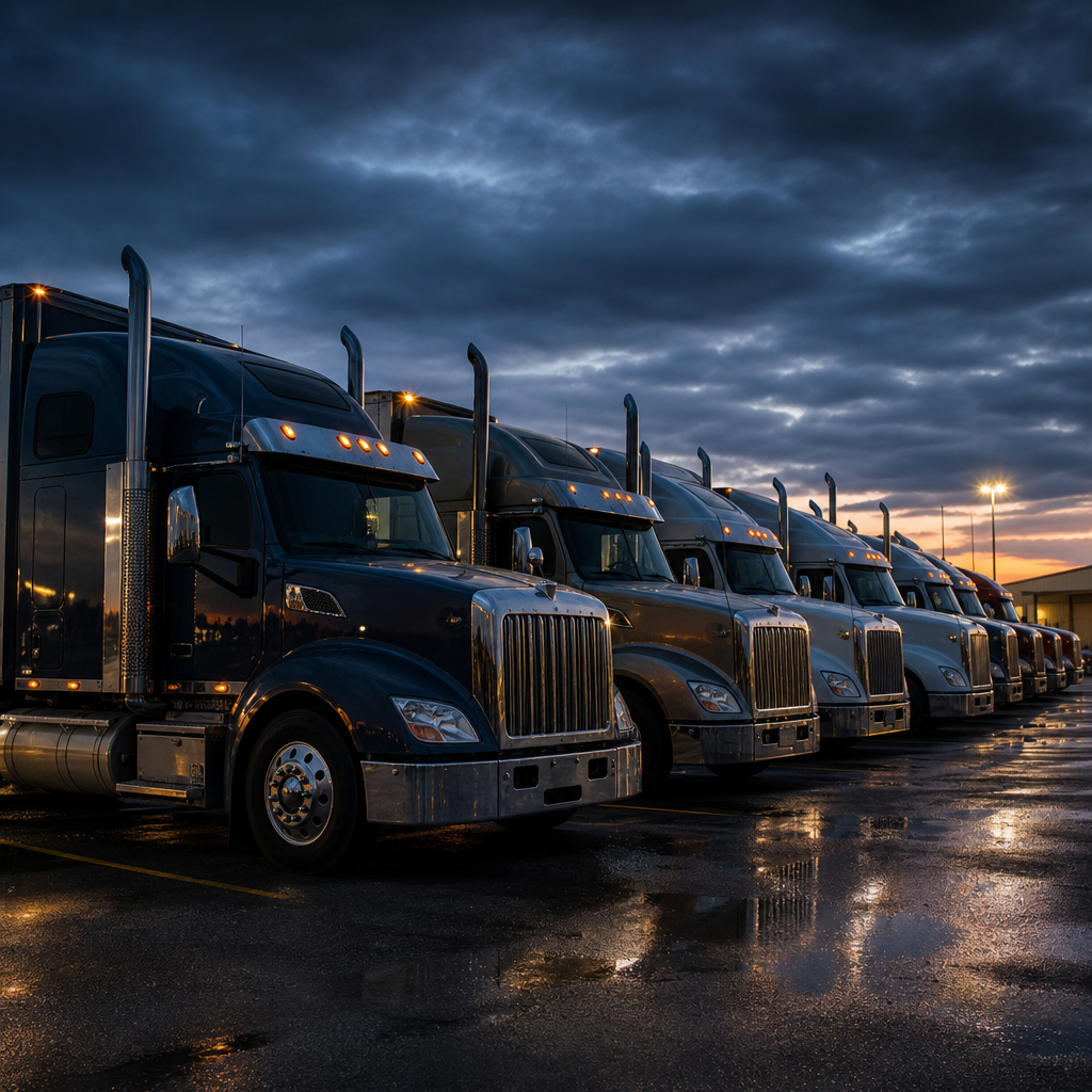 A row of commercial semi-trucks lined up in a fleet maintenance yard at dusk