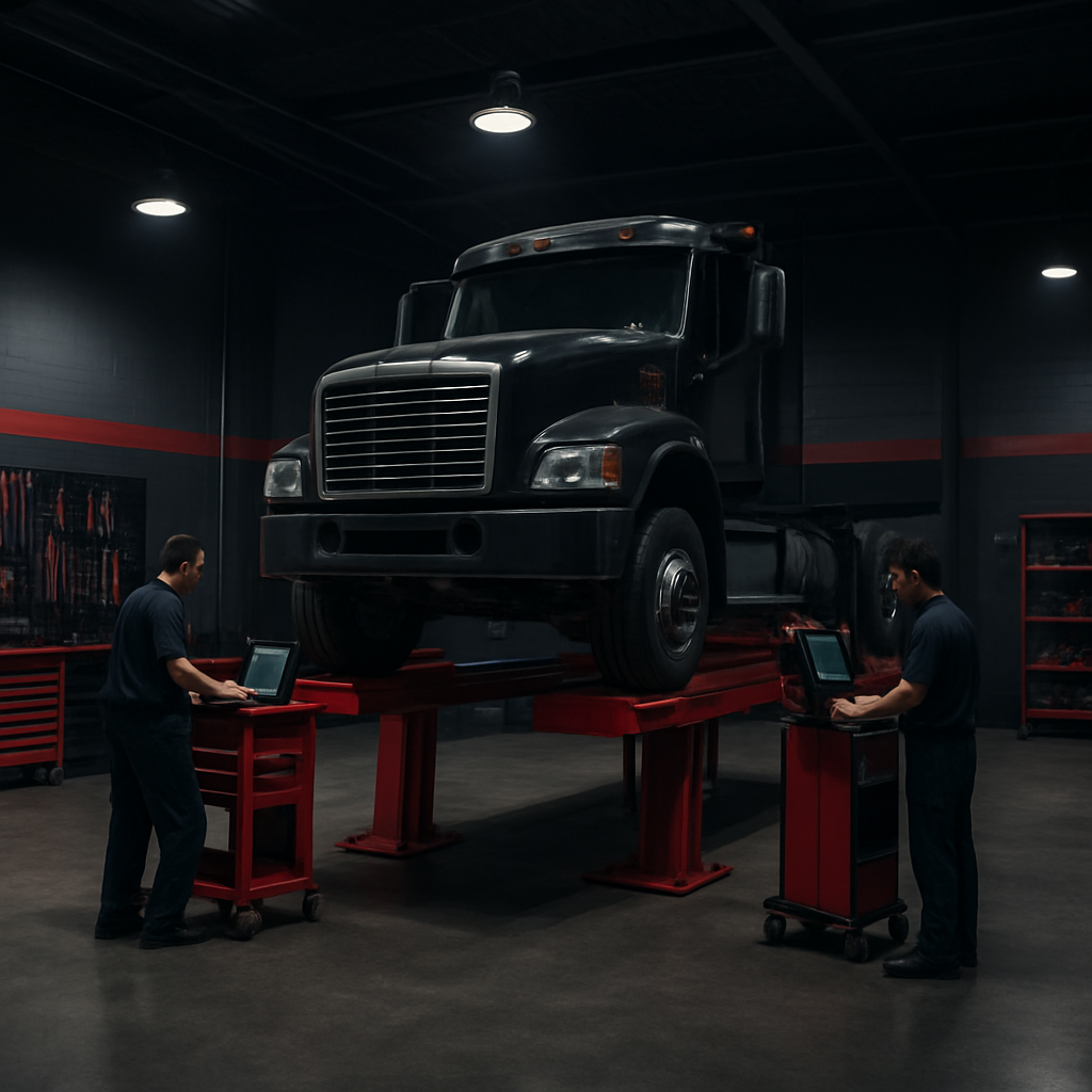 Interior of a modern professional diesel truck repair garage with a truck on a lift