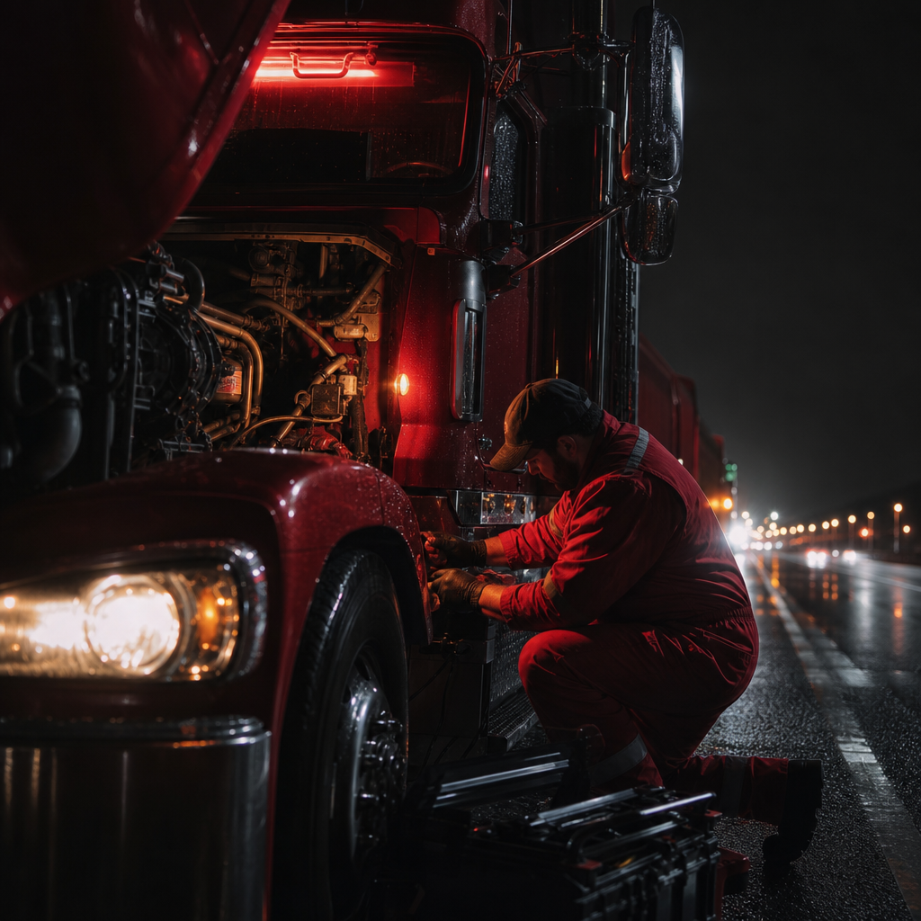 Diesel mechanic performing emergency roadside repair at night